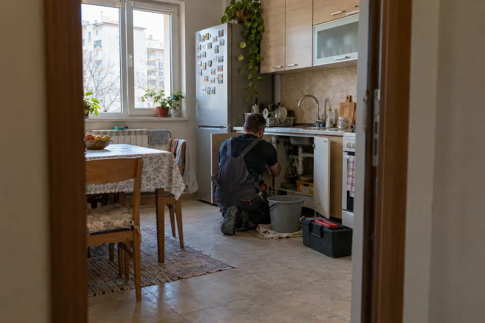 Кухня в апартамент, майстор работи под мивката